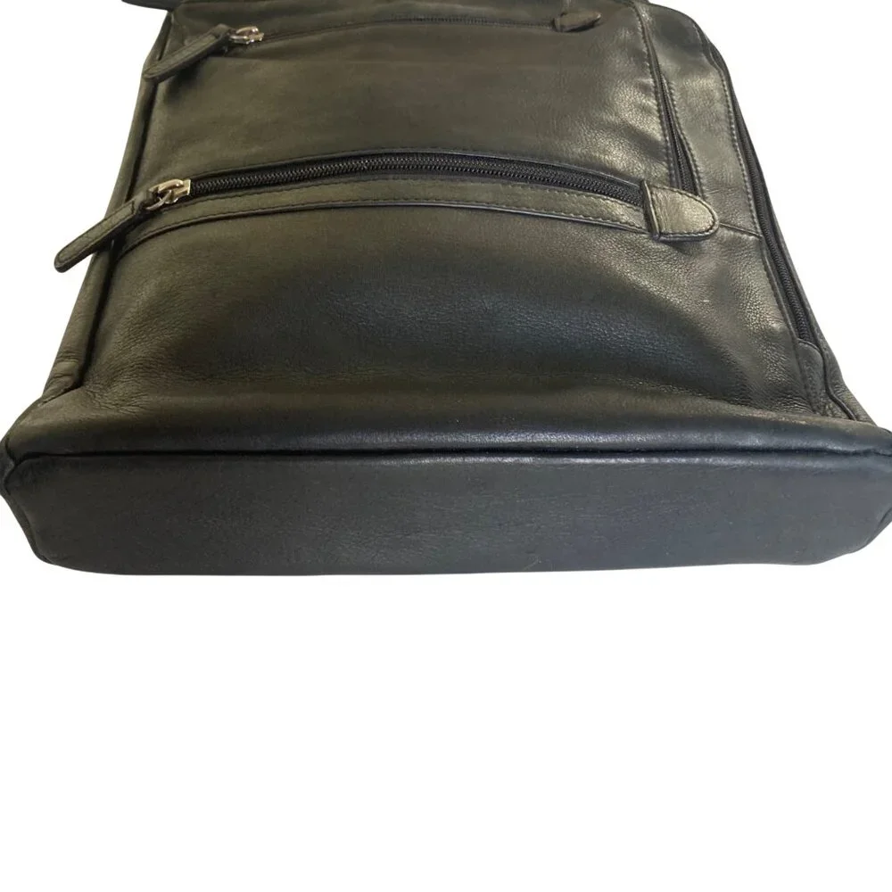 Levenger Black Leather Crossbody Laptop Tablet Bag Multiple Pockets Adj Strap